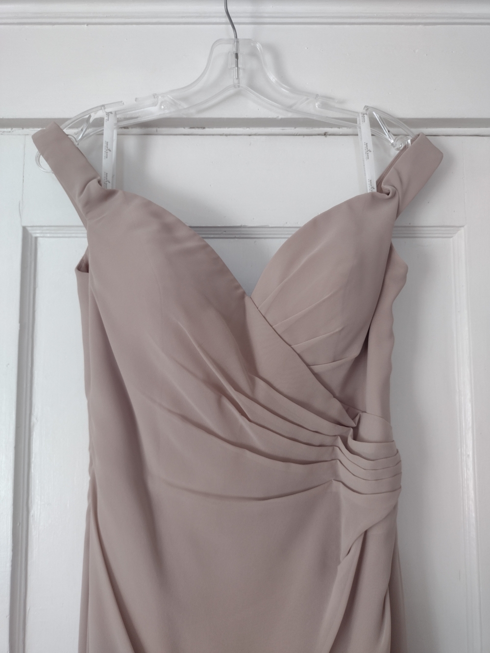 Off-the-Shoulder Taupe Chiffon Wrap Gown
